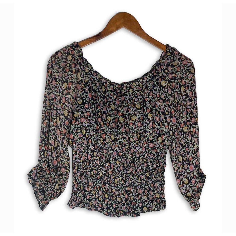 By Anthropologie Black Floral Smocked Waist Top S Boho 3/4 Sleeve Cropped Blouse
